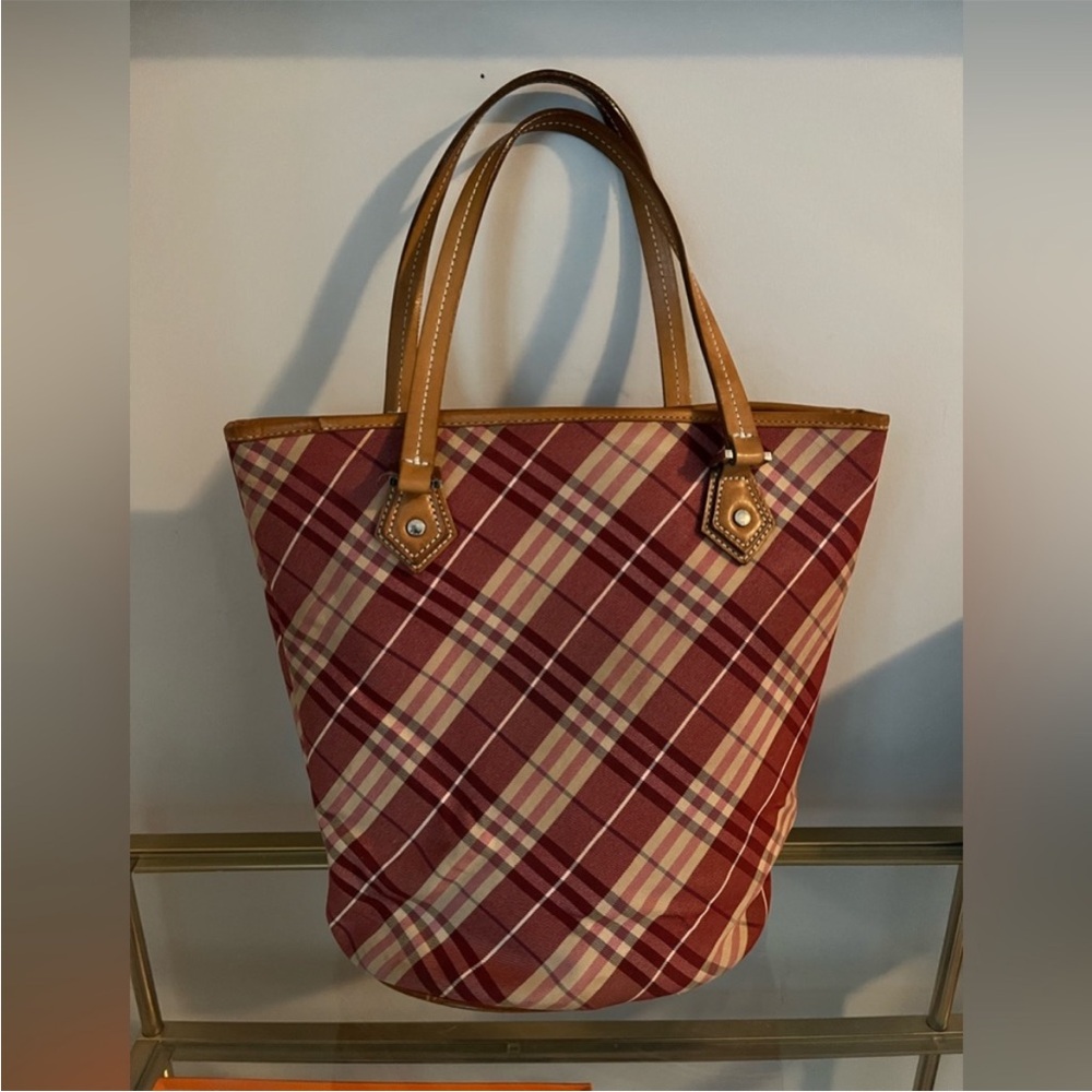 Burberry Blue Label Pink & Maroon Nylon Nova Check Tote